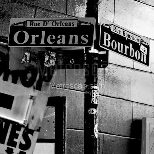 Bourbon Street and Orleans Street Signs -- New Orleans Black and White Photos