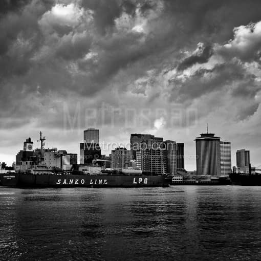 New Orleans Black and White Photos of The New Orleans Skyline and Mississippi River Barge The New Orleans Skyline and Mississippi River Barge -- New Orleans Black and White Photos
