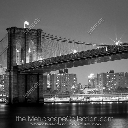 New York City Black and White Photography of The Brooklyn Bridge at Night from the South The Brooklyn Bridge at Night from the South -- New York City Black and White Photography