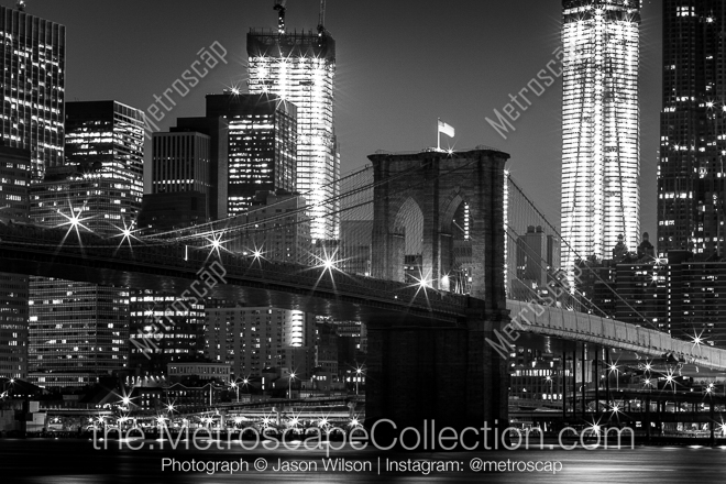 The Brooklyn Bridge and Freedom Tower at Night -- New York City Black and White Photos