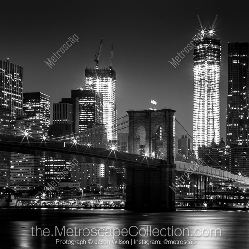 New York City Black and White Photos of The Brooklyn Bridge and Freedom Tower at Night The Brooklyn Bridge and Freedom Tower at Night -- New York City Black and White Photos