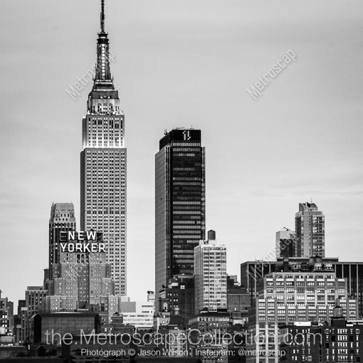 New York City Black and White Photos of The New Yorker and Empire State Building at Dusk The New Yorker and Empire State Building at Dusk -- New York City Black and White Photos