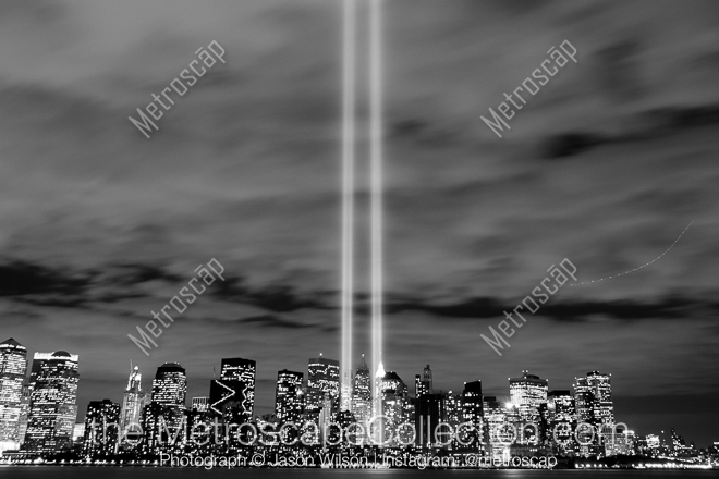 The Beams of Light from Lower Manhattan Bounce off of the Low Clouds -- New York City Black and White Photos