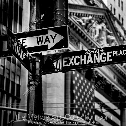 Wall Street at Broad and Exchange Place -- New York City Black and White Photography