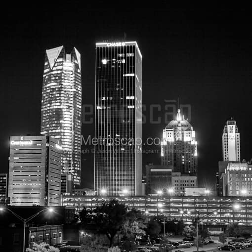 Oklahoma City Black and White Photos of Downtown Oklahoma City at Night from Mickey Mantle Drive Downtown Oklahoma City at Night from Mickey Mantle Drive -- Oklahoma City Black and White Photos