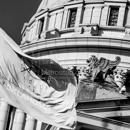 Oklahoma City Black and White Photos of The Oklahoma Flag and Griffin atop the Capitol Building The Oklahoma Flag and Griffin atop the Capitol Building -- Oklahoma City Black and White Photos