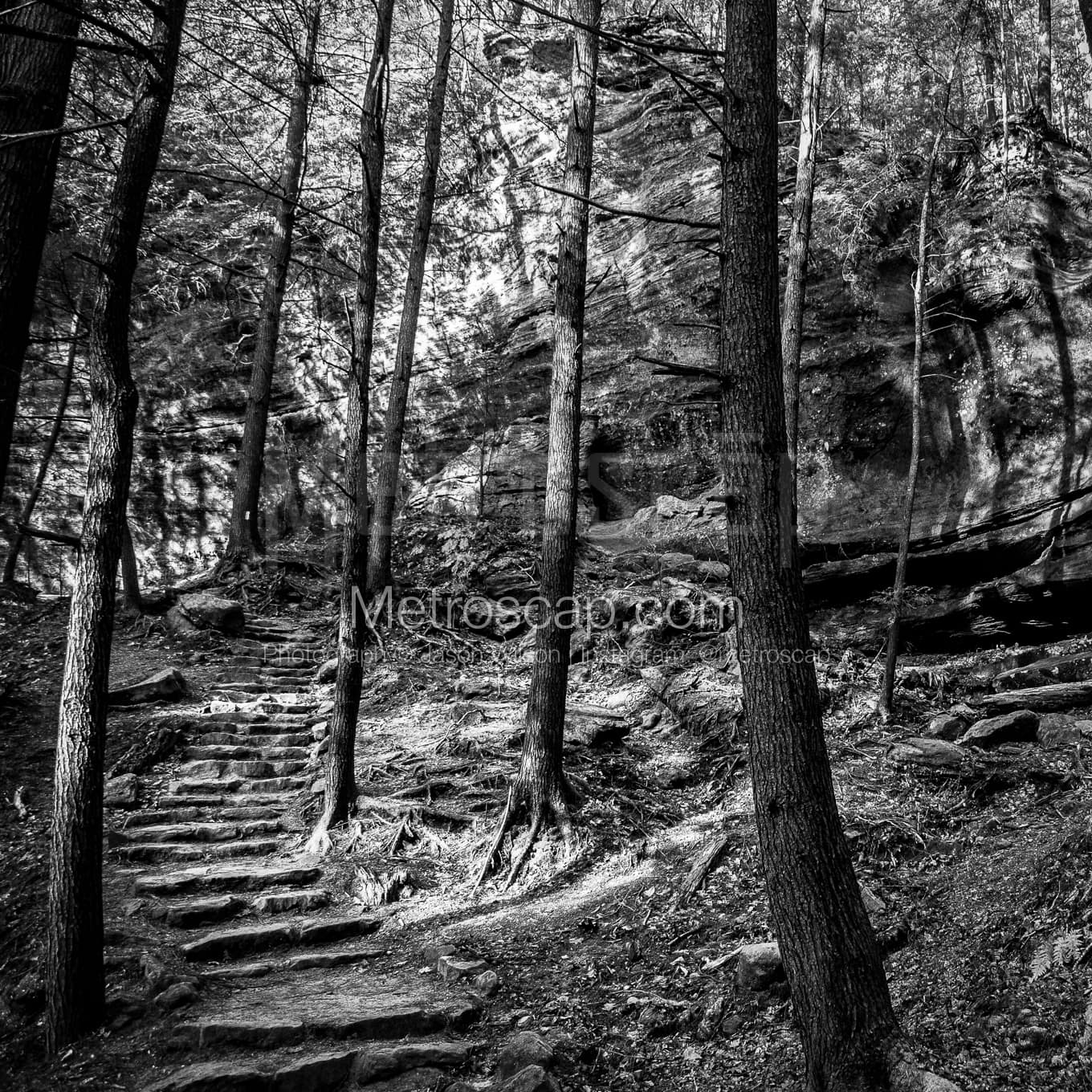 An Old Man's Cave Walking Trail black and white Photos square crop