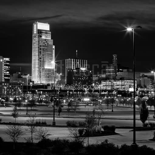The Omaha Nebraska Skyline at Night -- Omaha Black and White Photography