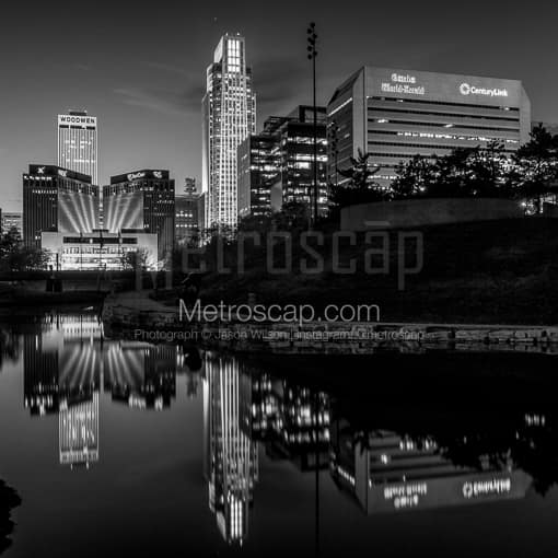 Omaha Black and White Photos of The Omaha Skyline at Night from the Gene Leahy Mall The Omaha Skyline at Night from the Gene Leahy Mall -- Omaha Black and White Photos