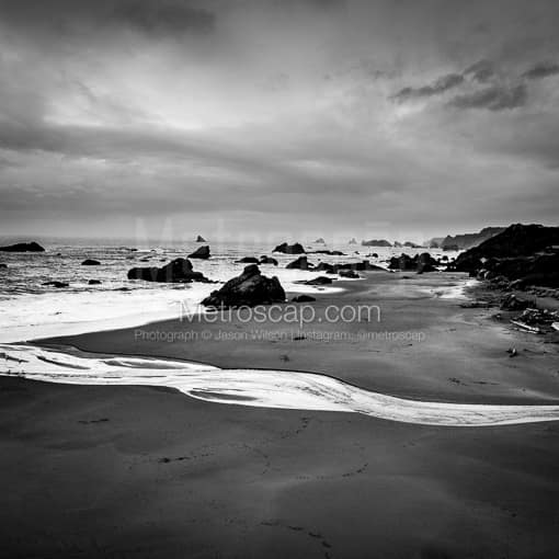 Matte Black WOOD Framed Black and White Oregon Coast Photograph: A Small Stream Reaches the Oregon Pacific in a Square Matte Black Wood Frame