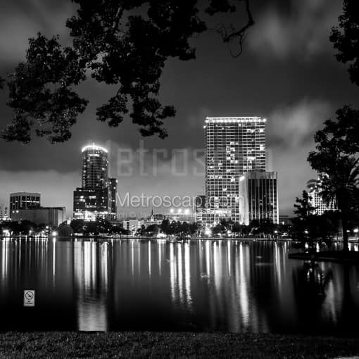 The Orlando Skyline at Night -- Orlando Black and White Photos