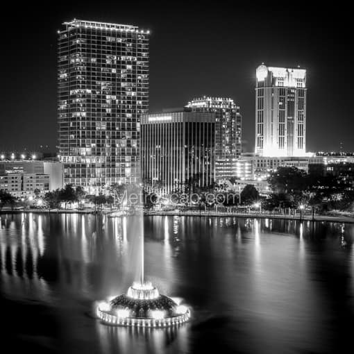 The Orlando Skyline and Lake Eola Fountain -- Orlando Black and White Photos