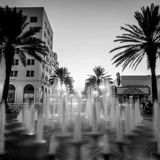 The Clematis Street Fountain at Dusk -- Palm Beach Black and White Photos