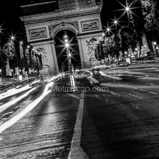 Champs-Elysees Traffic at Night -- Paris Black and White Photography