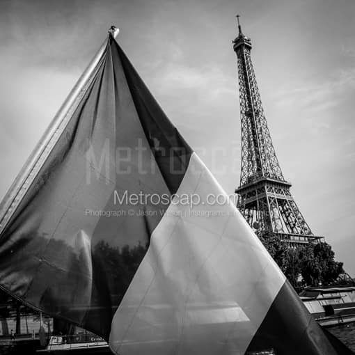 The French Flag and Eiffel Tower -- Paris Black and White Photography