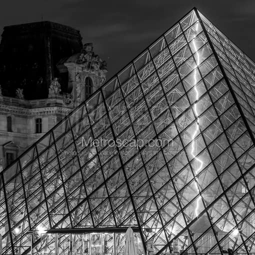 Paris Black and White Photography of A Neon Bolt of Lightening in the Louvre Pyramide A Neon Bolt of Lightening in the Louvre Pyramide -- Paris Black and White Photography