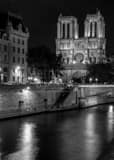 Vertical Notre Dame de Paris at Night landscape black and white Photography