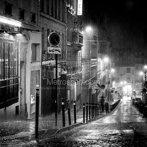 Rue des Abbesses in Pouring Rain -- Paris Black and White Photography
