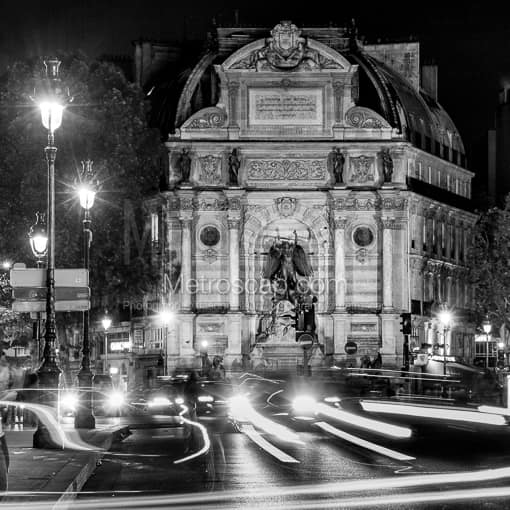 Saint Michel at Night -- Paris Black and White Photography