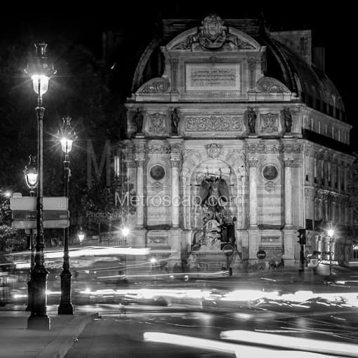 The Saint Michel Fountain and Traffic -- Paris Black and White Photography