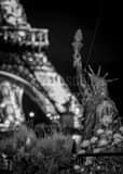 Vertical A Small Statue of Liberty on the Back of a Boat on the Seine landscape black and white Photography