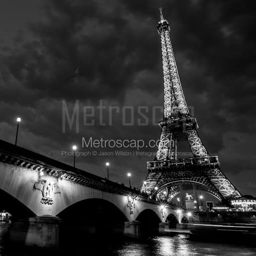 The Eiffel Tower at Night -- Paris Black and White Photography