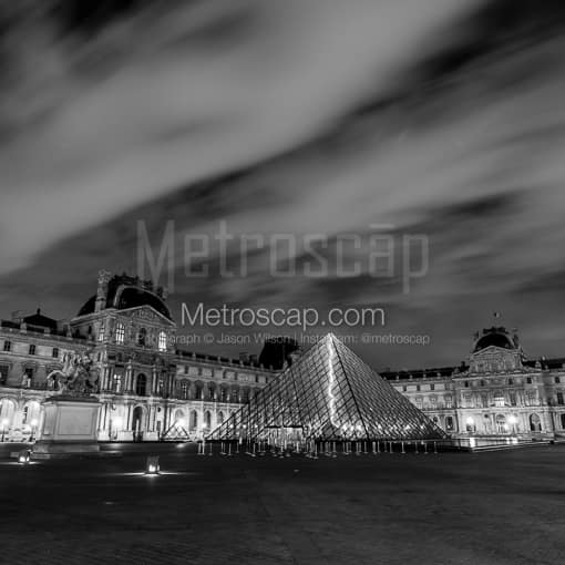 The Louvre at Night -- Paris Black and White Photography