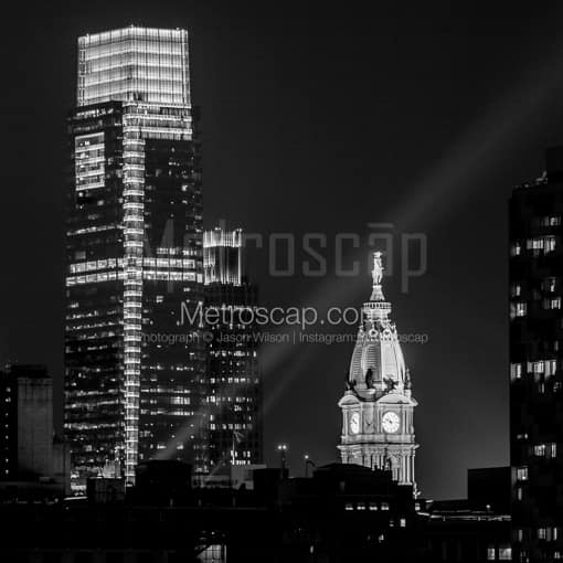 Philadelphia Black and White Photos of The Comcast Tower and Philadelphia City Hall at Night The Comcast Tower and Philadelphia City Hall at Night -- Philadelphia Black and White Photos