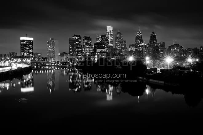 The Philadelphia Skyline at Night from South Street -- Philadelphia Black and White Photos
