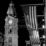 Square The Pinnacle of Philadelphia City Hall and US Flags at Night Photography