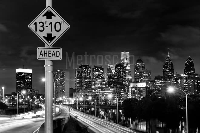 The NEW Philly Skyline over Interstate 76 Northbound -- Philadelphia Black and White Photos
