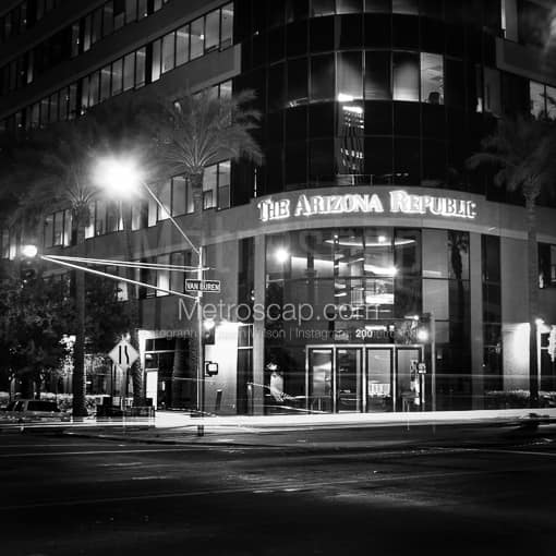 Phoenix Black and White Photos of Traffic Streaks Down Van Buren in Front of the Arizona Republic Traffic Streaks Down Van Buren in Front of the Arizona Republic -- Phoenix Black and White Photos