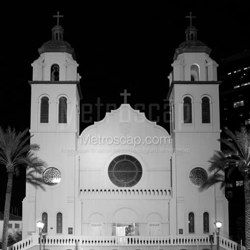 The Phoenix St. Mary's Basilica at Night -- Phoenix Black and White Pictures