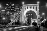 Horizontal The 6th Street Roberto Clemente Bridge over the Allegheny River behind PNC Park black and white Photos