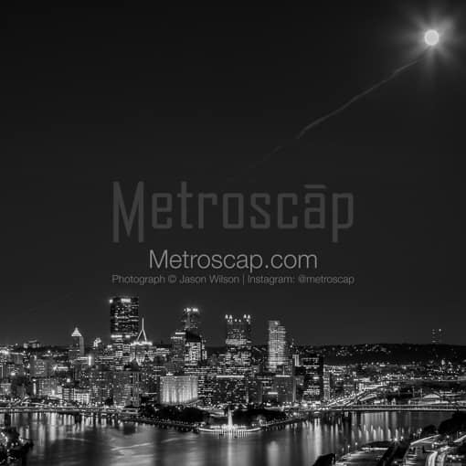 Downtown Pittsburgh Skyline under a Full Moon -- Pittsburgh Black and White Photos