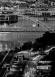 Vertical The Fort Pitt Bridge over the Monongahela at dusk black and white Photos