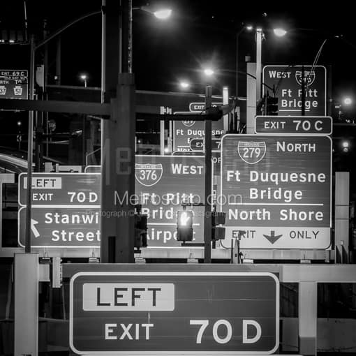 Pittsburgh Black and White Photos of Traffic Signs on I-376 in Downtown Pittsburgh at Night Traffic Signs on I-376 in Downtown Pittsburgh at Night -- Pittsburgh Black and White Photos