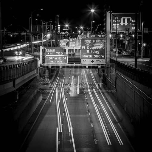 I-376 in Downtown Pittsburgh at Night -- Pittsburgh Black and White Photos