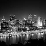Square The Pittsburgh Skyline from Grandview Avenue atop Mt Washington black and white Photos