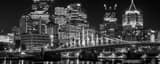 Panoramic The Pittsburgh Skyline and Rachel Carson Bridge at Night black and white Photos