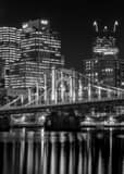 Vertical The Pittsburgh Skyline and Rachel Carson Bridge at Night black and white Photos