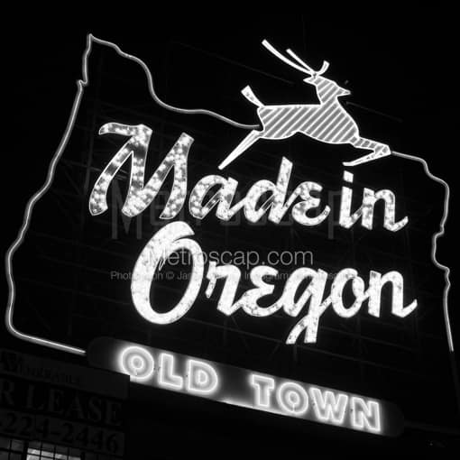Matte Black WOOD Framed Black and White Portland Photograph: The Made in Oregon Neon Sign in a Square Matte Black Wood Frame