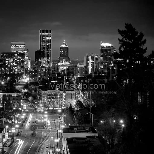 Portland Black and White Photography of The Portland Skyline from Vista Avenue at Night The Portland Skyline from Vista Avenue at Night -- Portland Black and White Photography