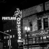 Square The Portland Outdoor Store Neon Sign black and white Photography