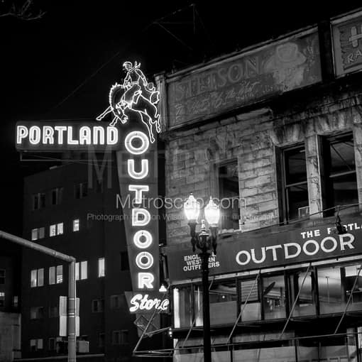 Matte Black WOOD Framed Black and White Portland Photograph: The Portland Outdoor Store Neon Sign in a Square Matte Black Wood Frame