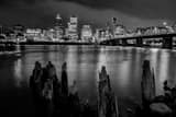 Horizontal The Portland Skyline from the Muddy Banks of the Willamette River black and white Photography
