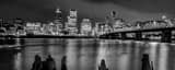 Panoramic The Portland Skyline from the Muddy Banks of the Willamette River black and white Photography