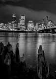 Vertical The Portland Skyline from the Muddy Banks of the Willamette River black and white Photography