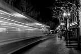 Horizontal A Streetcar Streaking Down Yamhill Street black and white Photography