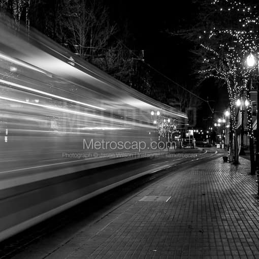Portland Black and White Photography of A Streetcar Streaking Down Yamhill Street A Streetcar Streaking Down Yamhill Street -- Portland Black and White Photography